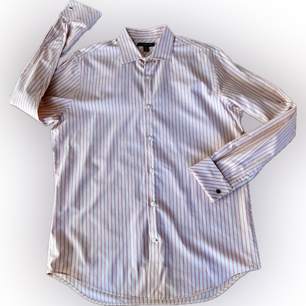 Banana Republic Men’s Fitted Dress Shirt French Cuffs  16-16.5 Large Pink Stripe